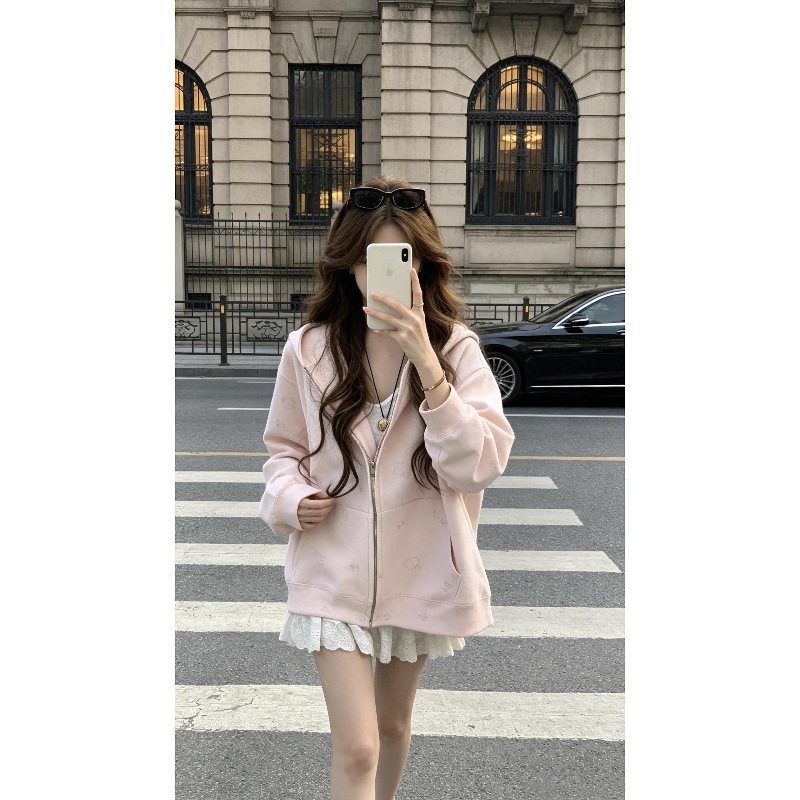 CallmeEar // Heavy-duty cat embroidery, 480g weight, hooded, zip-up sweatshirt/jacket for women