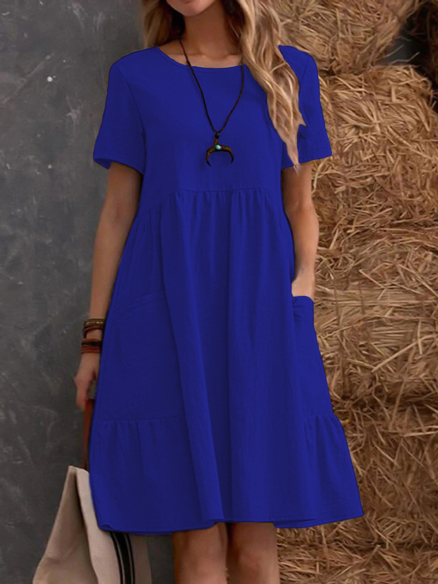 Women's Casual Short Sleeve A-Line Dress With Pockets, Solid Color Round Neck T-Shirt Dress For Everyday Wear_ecoleips.com