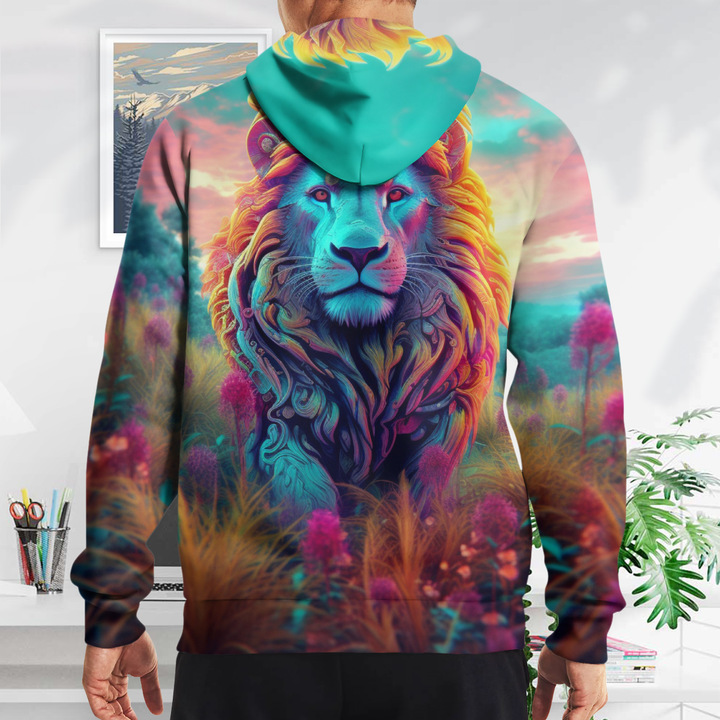 Nový pánsky sveter s kapucňou, vzor leva vytlačený 3D tlačou z roku 2024_voghion.com