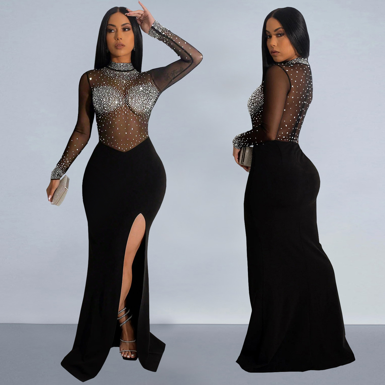 C7330 Cross-border AliExpress Amazon Ropa de mujer de moda europea y americana Vestido de malla transparente sexy con diamantes calientes image 4