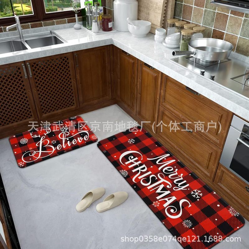 亚马逊跨境圣诞树卡车水晶绒厨房垫两件套防滑耐脏入户玄关地垫|undefined
