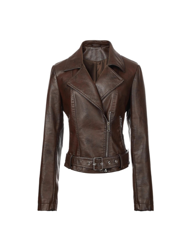 跨境女式深咖翻领PU机车外套外贸可调腰带袖口拉链Women's jacket|undefined
