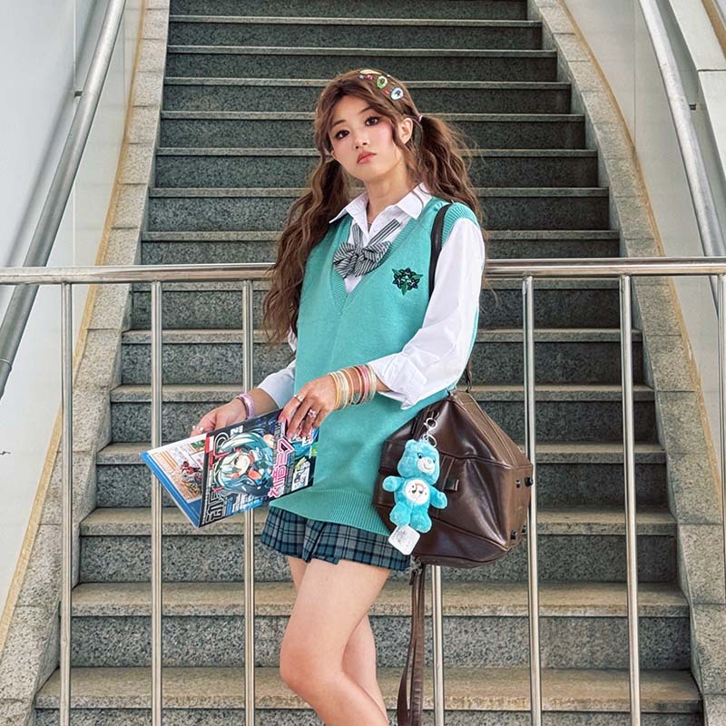 (2개) JK 유니폼 니트 조끼 녹색 조끼 가을 겨울 스타일 레이어드 학교 스타일 대학 스타일