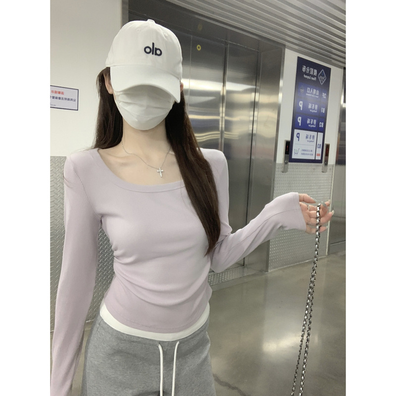 美式2025早秋韩版纯色基础百搭修身方领褶皱设计长袖内搭T恤上衣|undefined