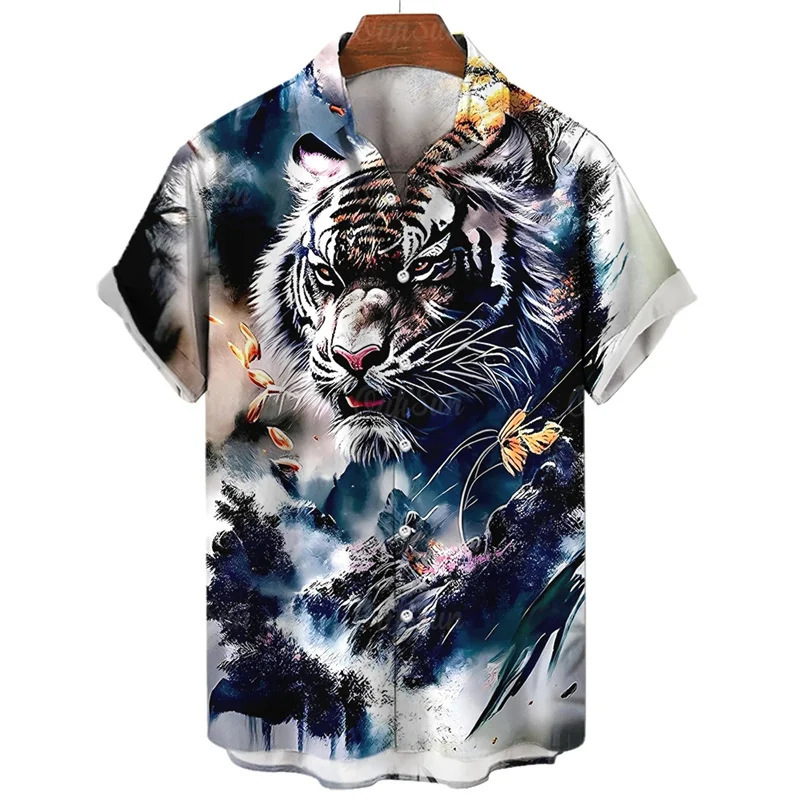 Animal 3D Tiger Print Hawaiian Shirt Men's Fierce Beast Graphic Short Sleeve Casual Oversized Shirt
