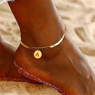 2024 Amazon Export 26 Letters Round Pendant Anklet Stainless Steel Snake Bone Chain Anklet Personalized Daily Accessories