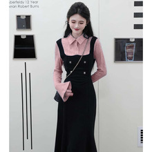 高级感假两件长袖连衣裙子女秋季2025新款小个子韩系穿搭套装代发