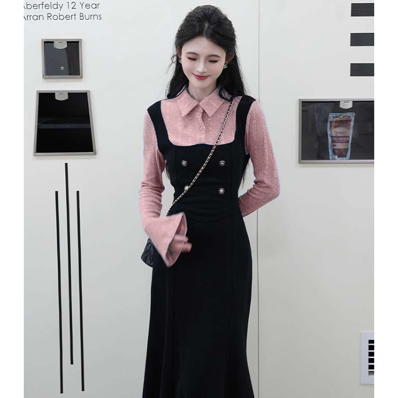 高级感假两件长袖连衣裙子女秋季2025新款小个子韩系穿搭套装代发