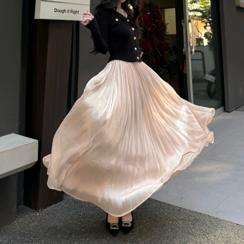 French-Style High-End Flowing Satin Skirt for Women, New Summer High-Waisted Slimming A-Line Long Skirt French-Style High-End Flowing Satin Skirt for Women, New Summer High-Waisted Slimming A-Line Long Skirt