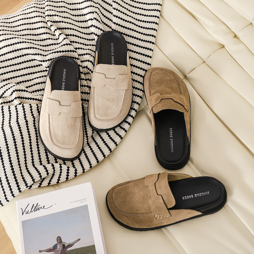 Genuine Leather Erjiu Boken Shoes Women's Baotou Half Slippers  New Spring and Summer Outerwear Soft-soled Thick-soled Lazy Shoes