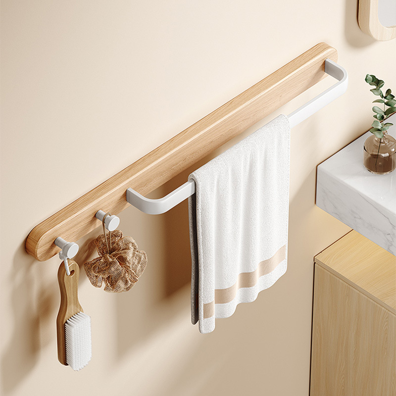 Towel rack punch-free bathroom storage rack bathroom towel rack with Hook space aluminum hook rack solid wood towel bar