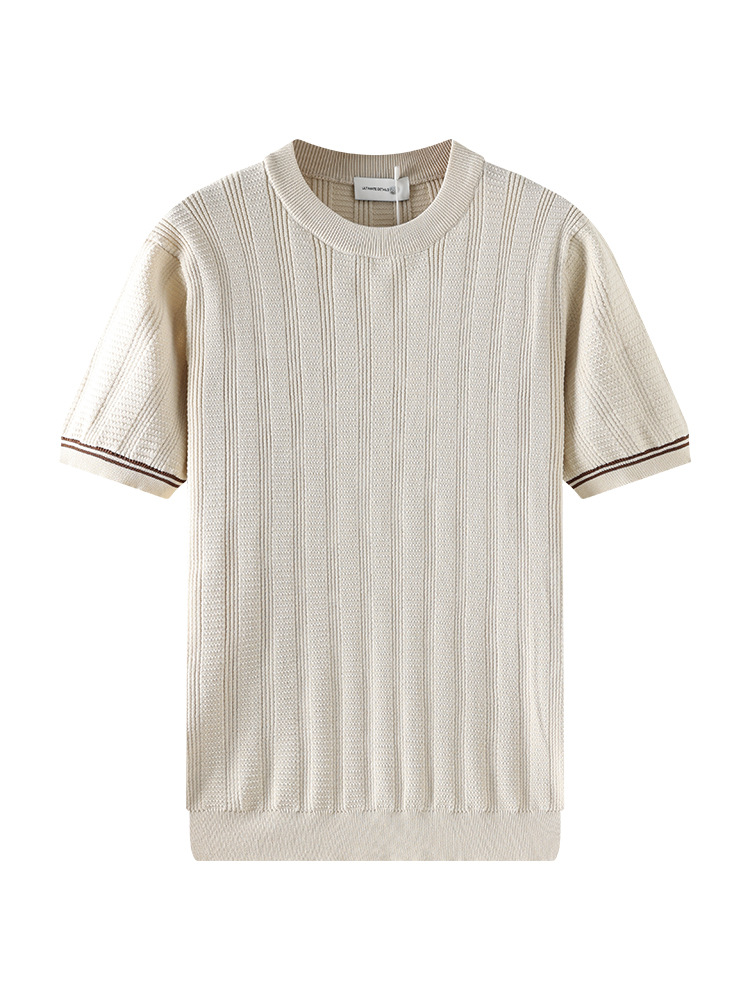 Europa y América transfronterizos hombre hielo tejido camiseta de manga corta cuello redondo textura vertical borde de color contraste chaqueta casual de negocios para hombre