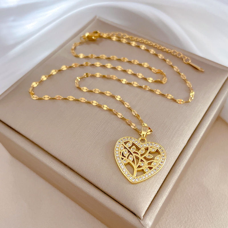 Sweet Heart Shape Stainless Steel Copper Inlay Zircon Pendant Necklace 1 Piece