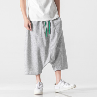 Summer plus size Japanese Hong Kong style loose casual pants low crotch baggy pants straight wide leg pants tide a generation of hair