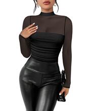 P 45575 Half-high neck sheer long-sleeve T-shirt �����͸��