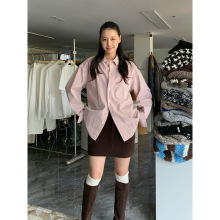 SROOM十三行单排扣开衫长袖松弛抗皱洗水纯色宽松阔肩翻领衬衫女