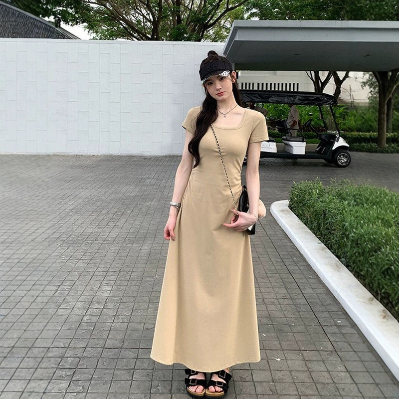 Alex Stevens Short-Sleeved Dress with Pinch-Waist Skirt for Women, Autumn Elastic U-Neck Slim-Fitting Solid Color Long Skirt Alex Stevens Short-Sleeved Dress with Pinch-Waist Skirt for Women, Autumn Elastic U-Neck Slim-Fitting Solid Color Long Skirt