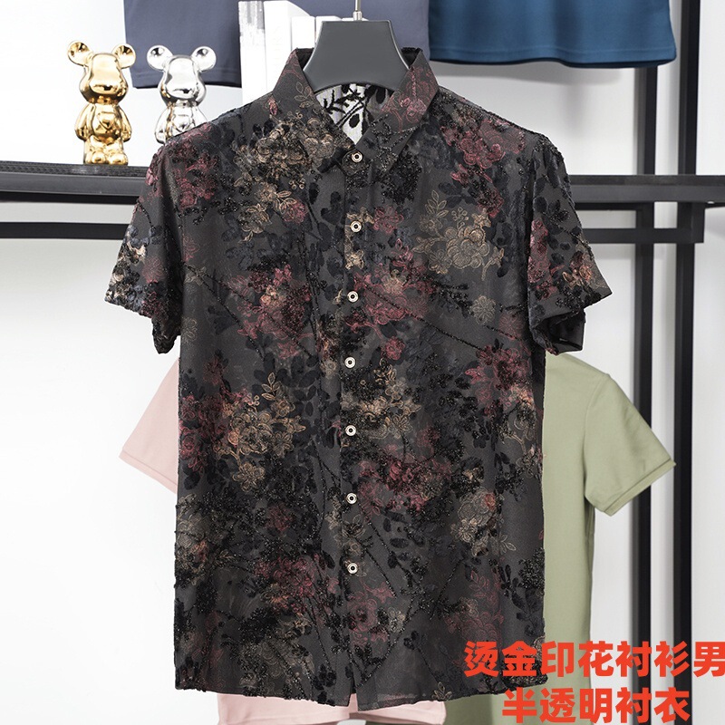 Retro Velvet Jacquard Short-Sleeve Men's Floral Shirt with Gold Stamping, High-End Nightclub Style, Sheer Shirt for Men, Summer