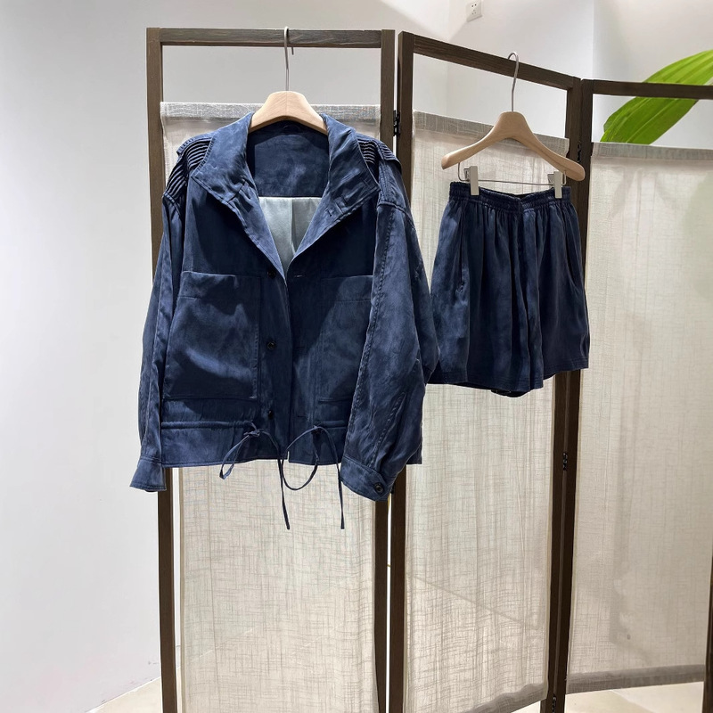 Tencel Midnight Blue Belted Bomber Jacket Squiggly Waist Shorts suit