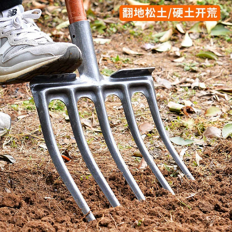 Сельскохозяйственная четырехзубая стальная вилка для обработки почвы, кованый инструмент для рыхления почвы из марганцевой стали, инструмент для копания земельных угодий, цельностальная вилка для обработки почвы.
