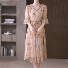 2025夏季新款真丝连衣裙系带中长款高档优雅轻奢桑蚕丝刺绣裙子女