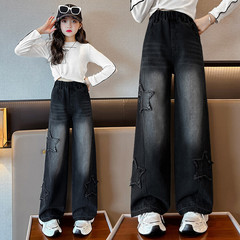 女童牛仔裤春秋款2025新款中大童直筒裤洋气儿童小女孩宽松阔腿裤