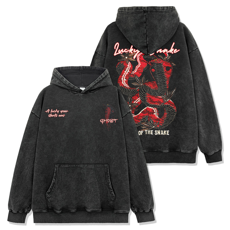 Cross-border American retro year of snake double-sided printed wash short-sleeved T-shirt casual round neck loose hooded sweatshirt wholesale
