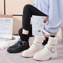 2024秋冬新款雪地靴厚底皮带扣毛线筒加绒女士短靴圆头袜筒靴潮