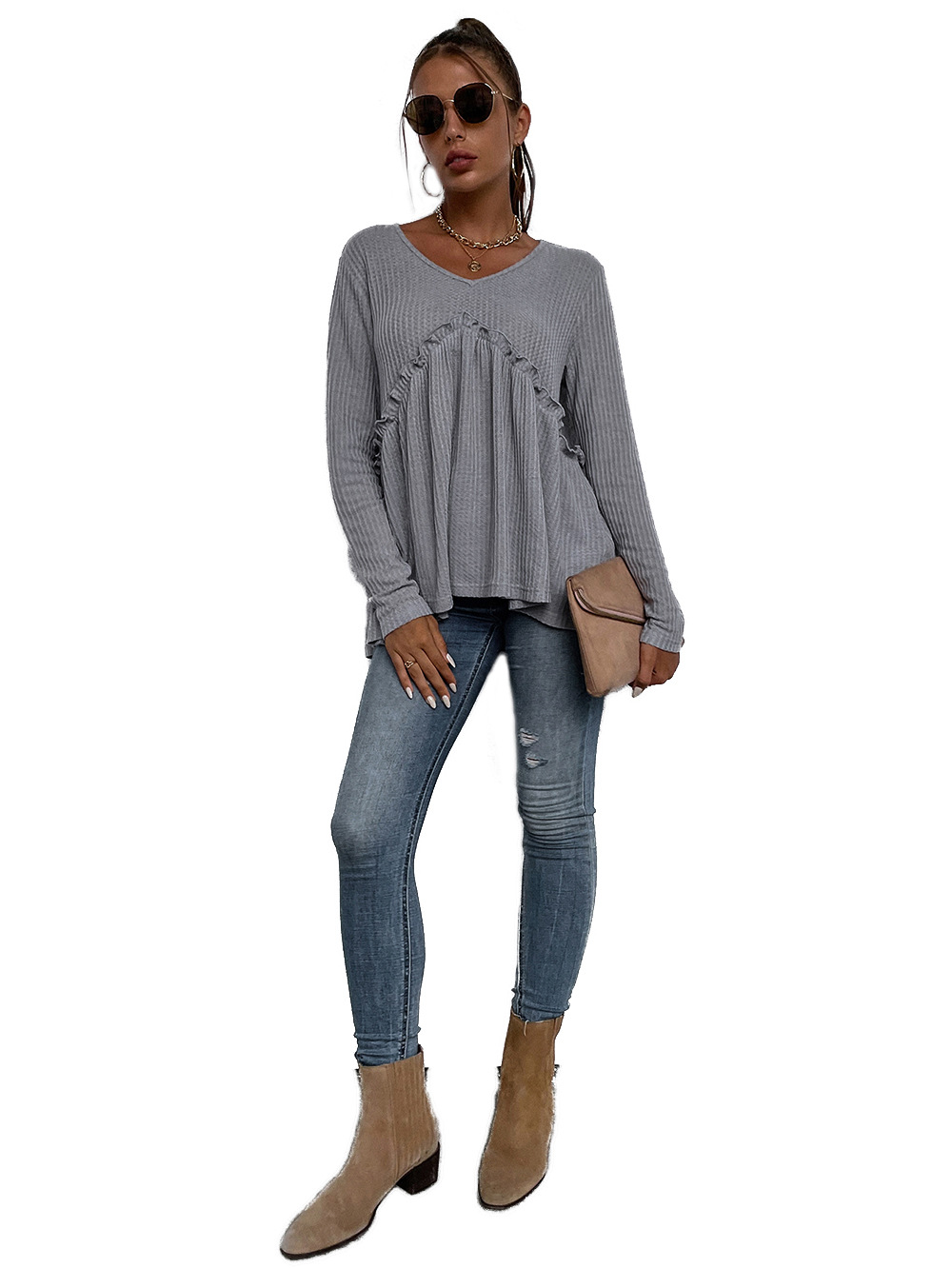 Casual Solid Color Round Neck Stitching Irregular Long-sleeved T-shirt Wholesale Nihaojewelry display picture 7