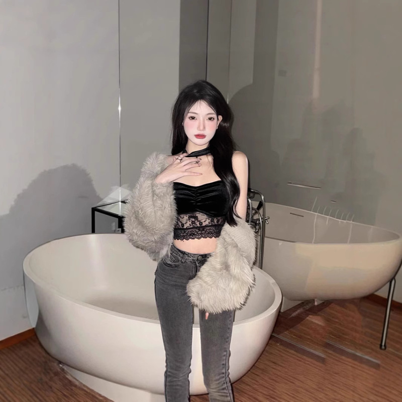 Pure Desire Hot Girl Style Halter Neck Design Lace Camisole Women's Black Sexy Slim Waist Wrap Top