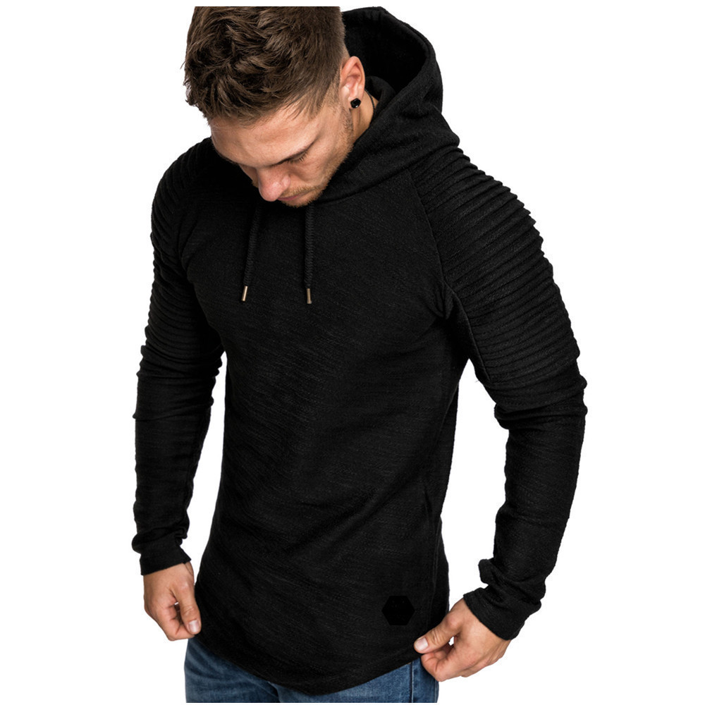 Men's Clothing Autumn and Winter New Round Neck Slim Fit Solid Color Hooded Long Sleeve Sweater Striped Pleated Raglan Sleeve Men's Clothing_voghion.com