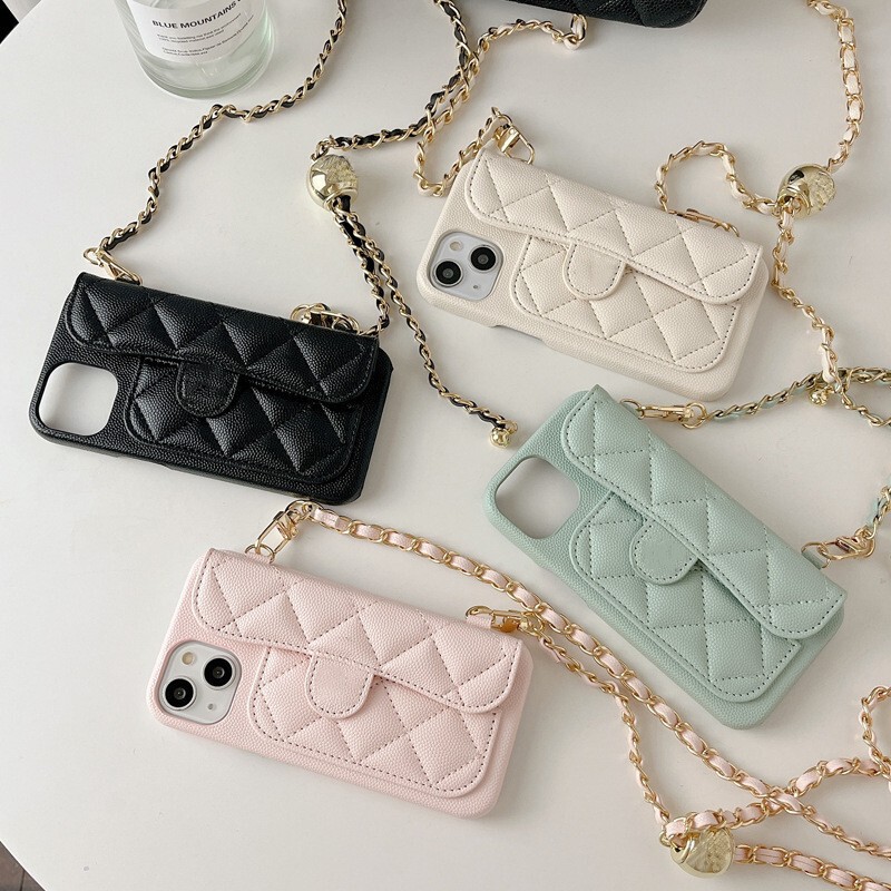 Caviar-Patterned Card-Insert Crossbody Chain Case Suitable for Apple 17/14 Pro Phone Case iPhone 16 Small Gold Ball 15