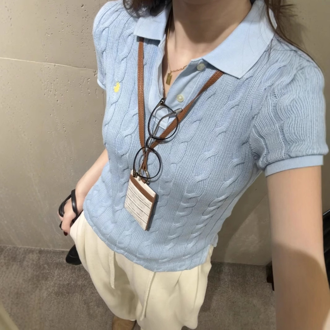 In stock, dry-style RL Ruff embroidered pony logo two-button polo collar knit top, short-sleeved, women's versatile.