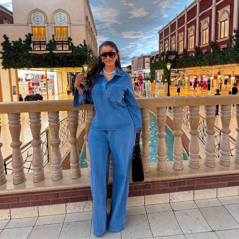Cross-Border European and American Women's Denim Set, Fashionable Casual Long-Sleeve Lapel Pocket Top with Tie-Up Straight-Leg Pants Set