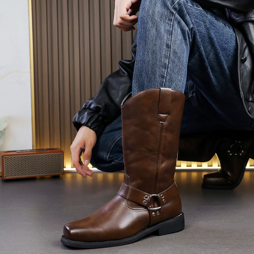 Men's Leather Boots, Large Size, New Arrival Leather Shoes, Fashionable Men's High-Top Riding Boots, Trendy British-Style Casual Leather Boots