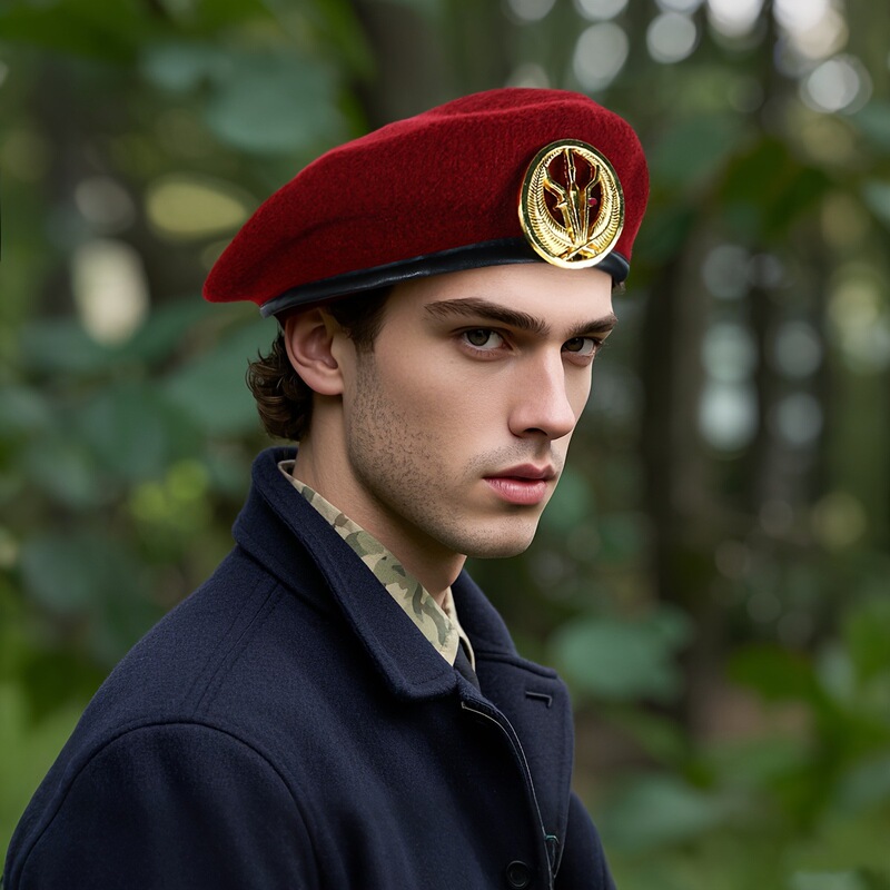 Red Woolen Beret with Metal Badge Security Training Hat Military Fan Cosplay Performance Prop Hat Manufacturer Wholesale