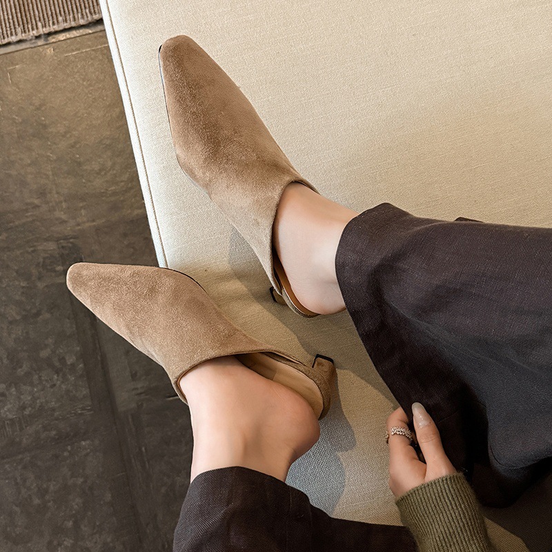 Giày mule nữ da cừu mũi vuông gót 4,5 cm, phong cách Hàn Quốc, dép nửa kéo tiện lợi — màu nâu