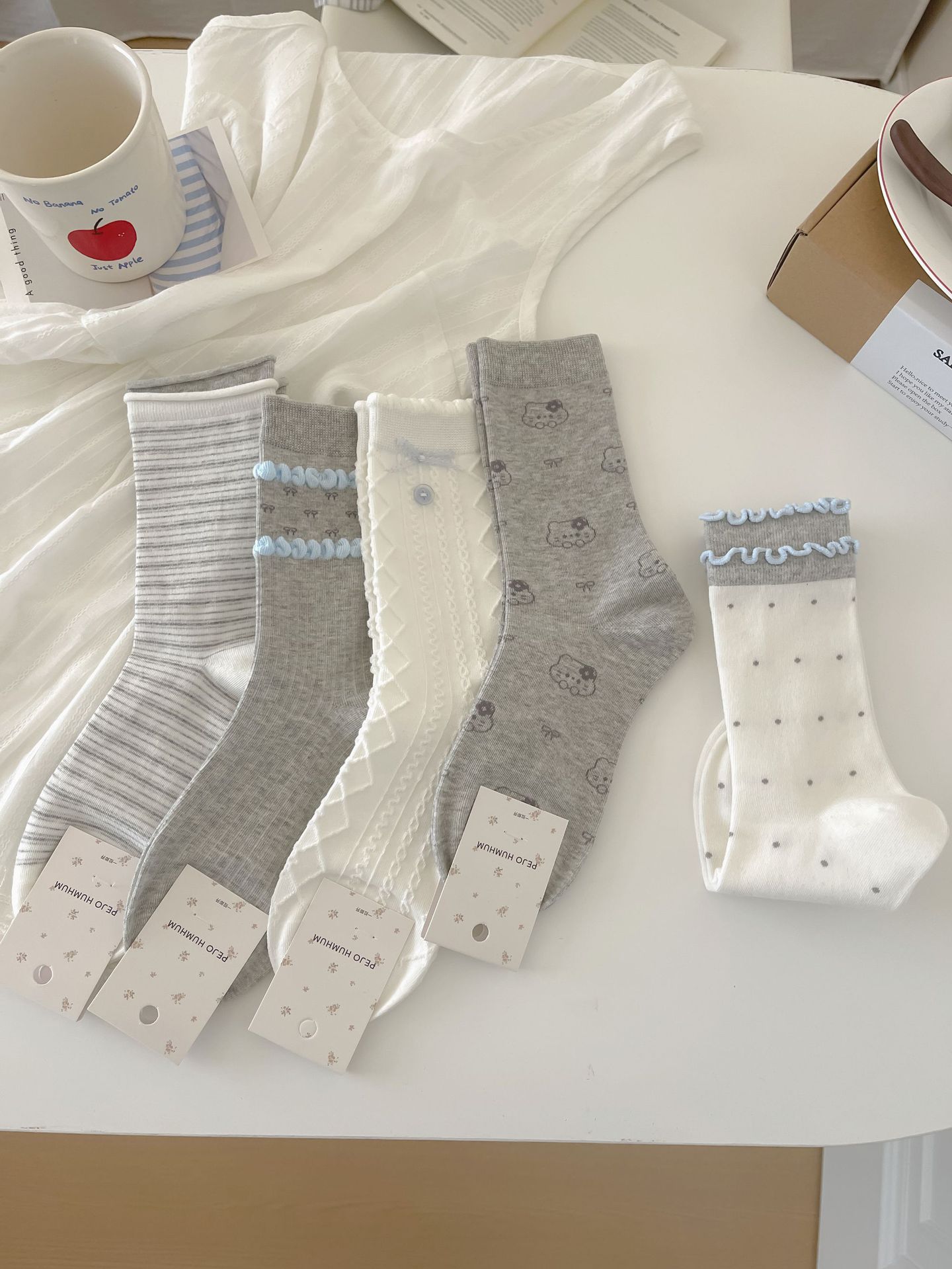 Vintage Coquette Pastel Blue and Gray Ruffle Cotton Crew Socks for Kawaii Aesthetics Detail View 1