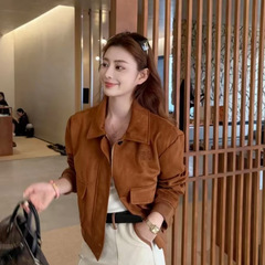 mi u纯色外套复古色系麂皮绒夹克皮衣外套女25早秋8月新品短夹克