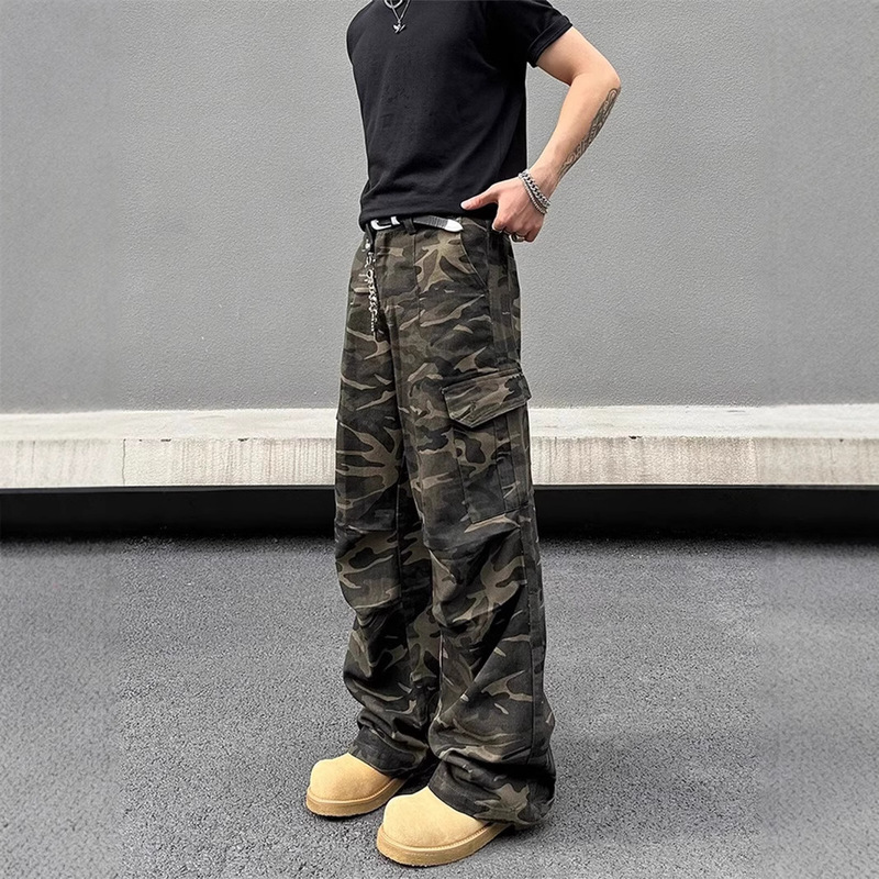Cross-border Retro Camouflage Men's Jeans Fashion Washing Casual Wide Leg Jeans Autumn and Winter Loose Men's Pants