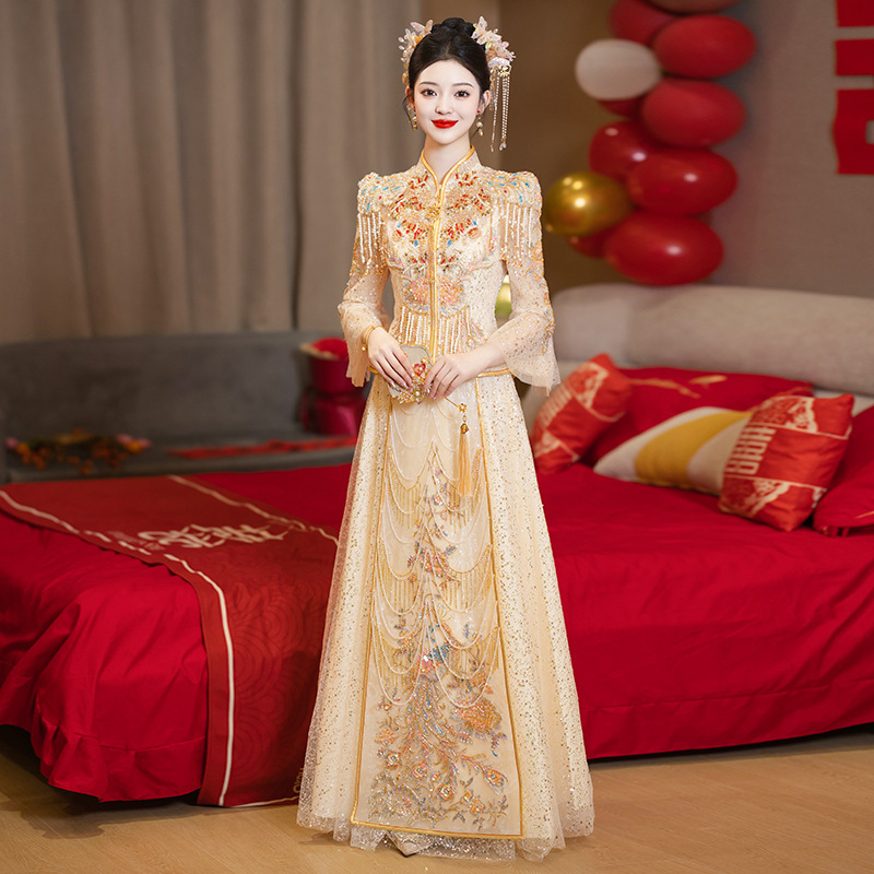 Summer Champagne-Colored Xiuhe Dress 2026 New Style Wedding Dress Heavy-Duty Bridal Chinese Wedding Attire Dragon and Phoenix Gown for the Bride