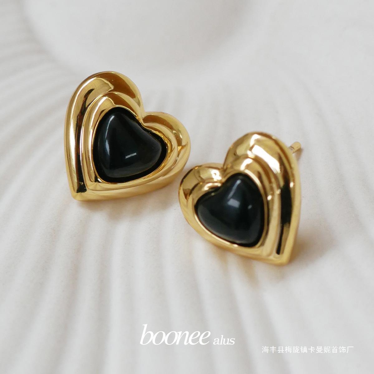 復古黑瑪瑙愛心耳釘女2024夏新款雙層新中式小眾設計感耳環女