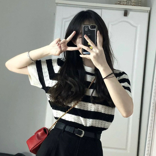Elegant Striped Knit Short-Sleeve T-Shirt for Women - 3 Summer Regular Shoulder Unique and Distinctive Short-Sleeve Top for Petite Women