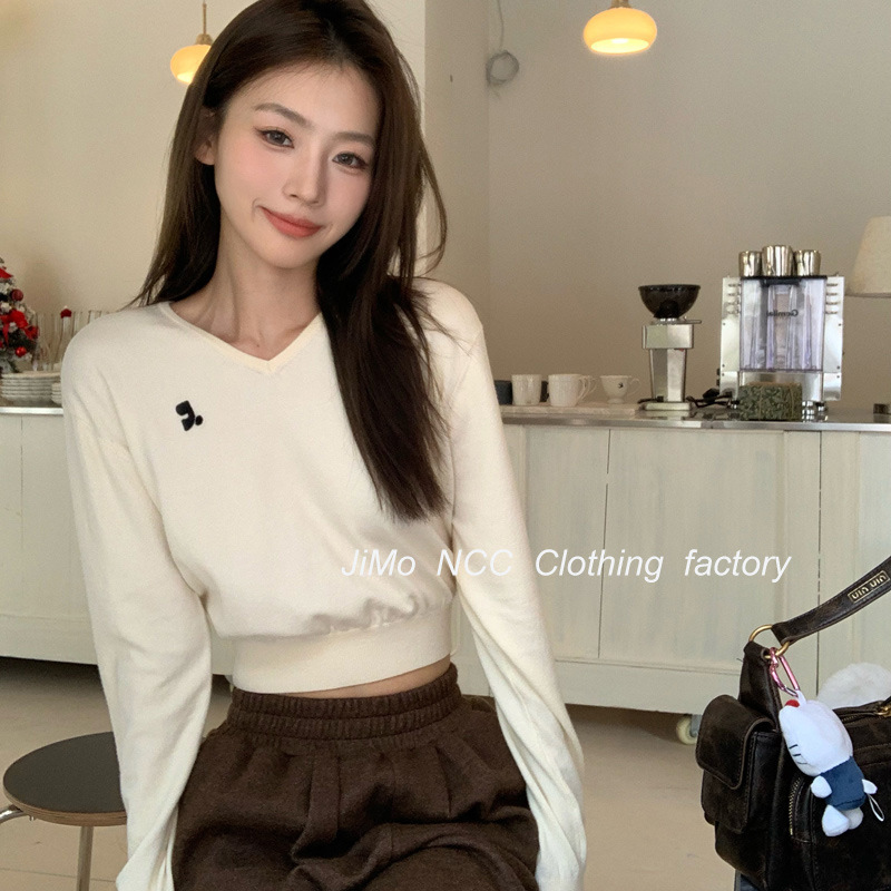 Korean Ins Trendy Brand Rr High-Waisted V-Neck Knit Sweater for Women 2026 Slim Fit Style