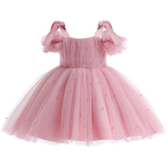 Cross-border foreign trade new girls' spaghetti strap dress, pearl mesh laceball gown, primary and secondary school children solid color ballroom dress