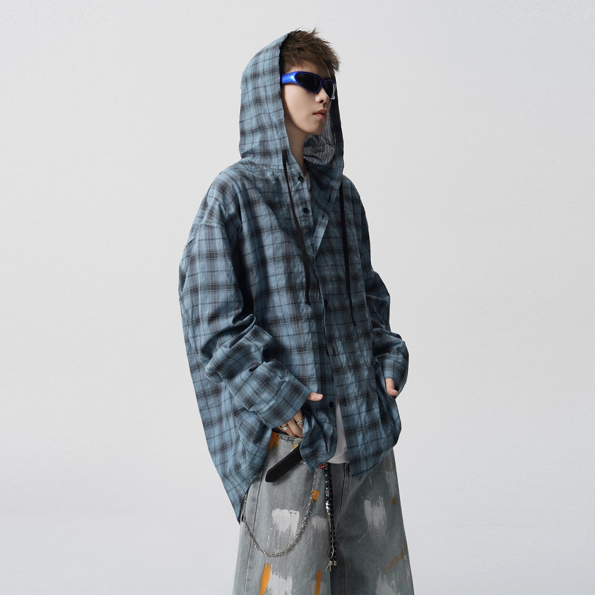 Summer New Lazy Hooded Plaid Sun Protection Clothing Long Sleeve Shirt Men's Loose Shirt Couple Sun Protection Clothing Top