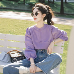 新中国風盤ボタン丸襟シャツ女性2025年春新作洋気デザイン感紫長袖上着