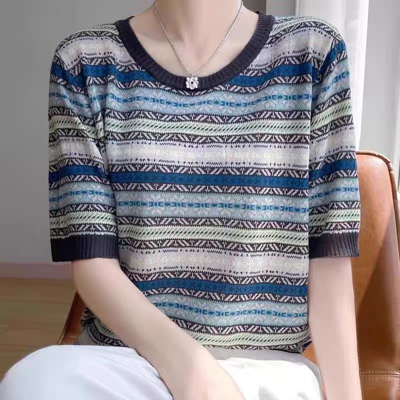 Design retro knitted summer thin short sleeve T-shirt with a round…