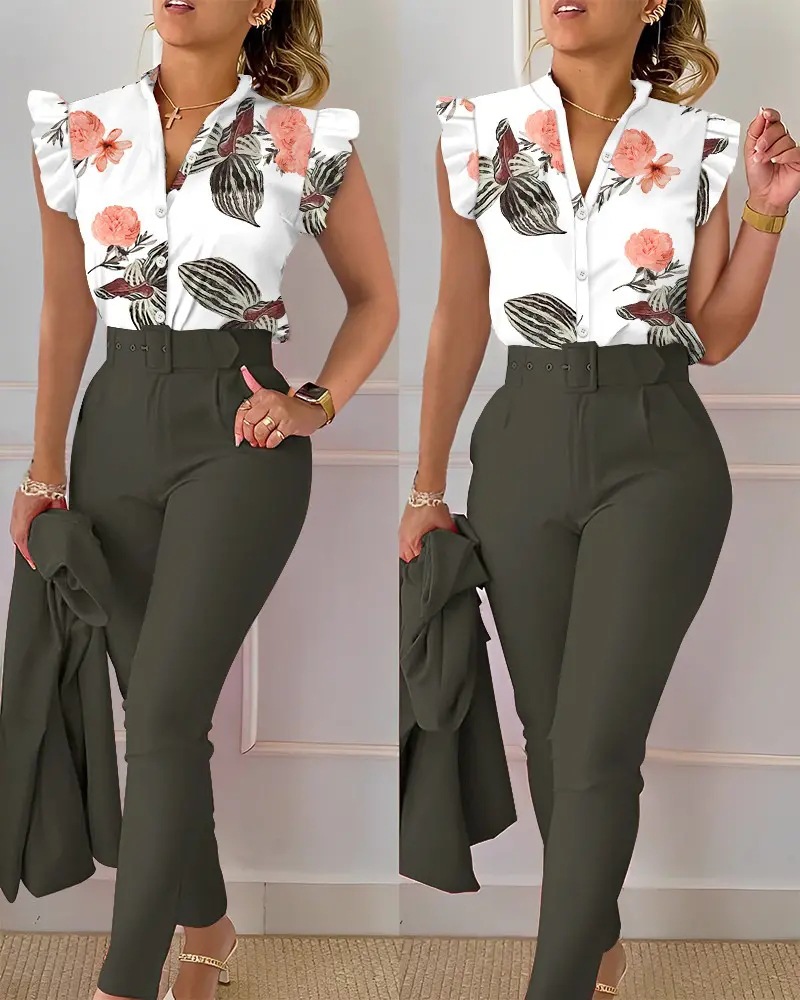 new fashion printed lotus leaf sleeve top solid color pants suit with belt_voghion.com