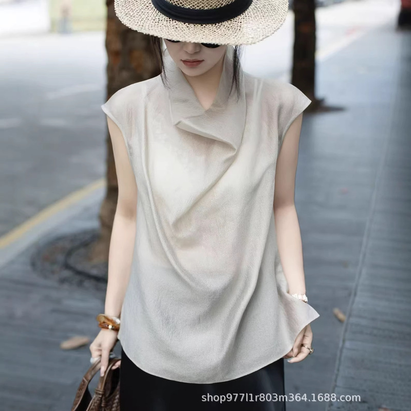 Trendy and Stylish High-End 2026 Summer Sleeveless Draped Collar Rayon Shirt for Women, Suitable for Work, Age-Reducing, Slimming, Lightweight Top